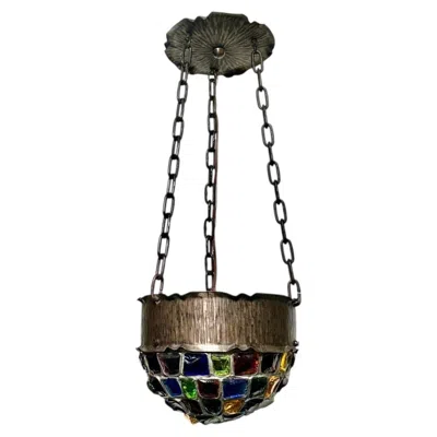 Pre-owned 1stdibs Antique Hammered Metal And Color Glass Pendant In Black