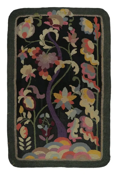 Pre-owned 1stdibs Antique Hooked Floral Tree Rug With Botanical Garden Design - Rug & Kilim In Black