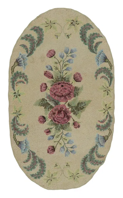 Pre-owned 1stdibs Antique Hooked Oval Rug With Floral Medallion In Sage Green - Rug & Kilim
