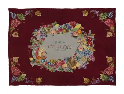 Pre-owned 1stdibs Antique Hooked Rug Fruit Wreath On Burgundy Field & Vine Border - Rug & Kilim In Red