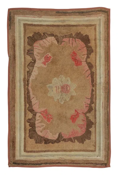 Pre-owned 1stdibs Antique Hooked Rug With Brown Floral Medallion & Vine Border - Rug & Kilim