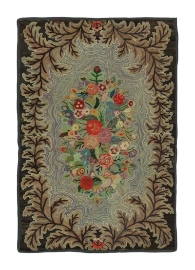 Pre-owned 1stdibs Antique Hooked Rug With Floral Bouquet & Botanical Leaf Border - Rug & Kilim In Brown