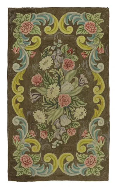 Pre-owned 1stdibs Antique Hooked Rug With Floral Cartouche Design In Bright Pastels - Rug & Kilim In Brown