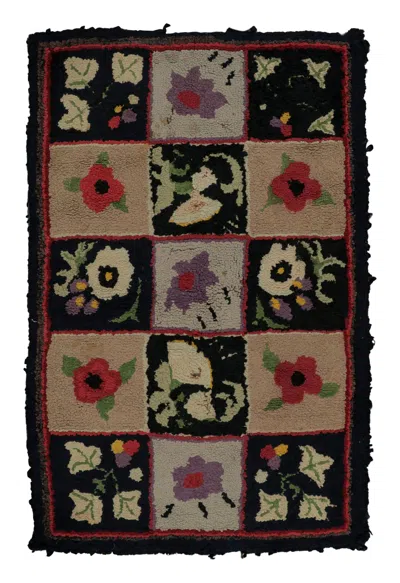 Pre-owned 1stdibs Antique Hooked Rug With Floral Panels In Checkered Grid - Rug & Kilim In Black
