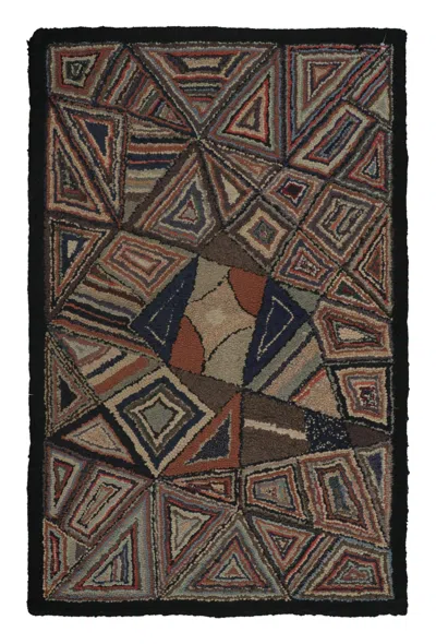 Pre-owned 1stdibs Antique Hooked Rug With Multicolor Geometric Mosaic Design - Rug & Kilim In Black