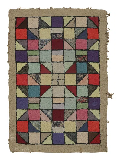 Pre-owned 1stdibs Antique Hooked Rug With Playful Geometric Grid In Multicolor - Rug & Kilim In Gray