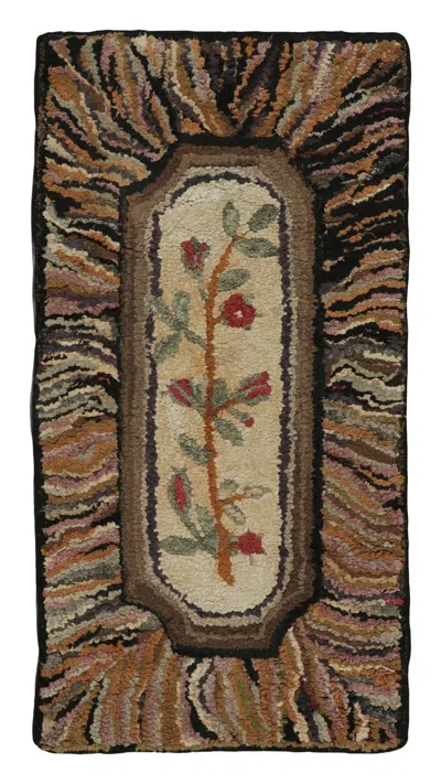 Pre-owned 1stdibs Antique Hooked Runner With Floral Casket Medallion & Striae - Rug & Kilim In Brown