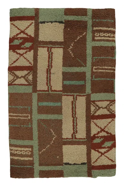 Pre-owned 1stdibs Antique Hooked Runner With Geometric Design In Brown & Green - Rug & Kilim