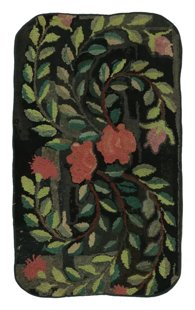 Pre-owned 1stdibs Antique Hooked Runner With Striking Flowers & Vinery In Red & Green -rug & Kilim