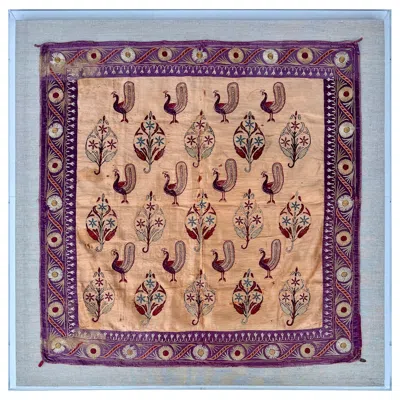 Pre-owned 1stdibs Antique Indian Embroidered Silk Peacock Ceremonial Textile Panel Acrylic Frame In Brown