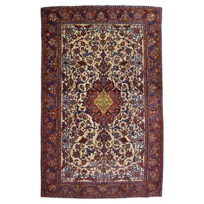 Pre-owned 1stdibs Antique Isfahan Hand-knotted Wool Floral Medallion Rug, 4'8" X 6'11" Circa 1900s In Brown