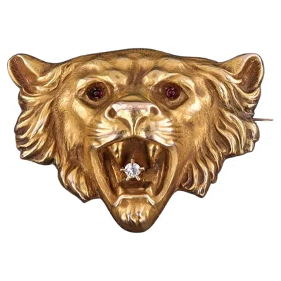 Pre-owned 1stdibs Antique Lion Brooch Of 10k Gold With Diamond, Circa 1900 In Multi