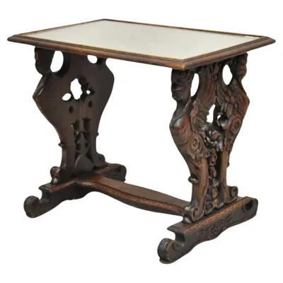 Pre-owned 1stdibs Antique Renaissance Revival Carved Winged Maiden Walnut Mirror Top Side Table In Brown