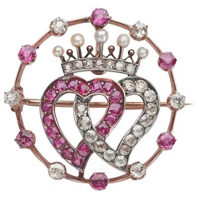 Pre-owned 1stdibs Antique Ruby, Diamond, Pearl Luckenbooth Heart Crown Circle Brooch, Circa 1910 In Multi