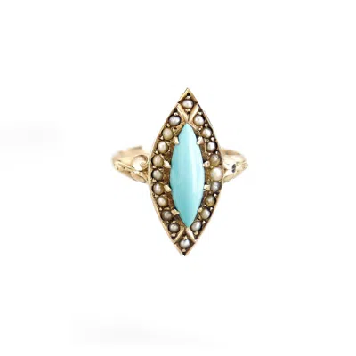 Pre-owned 1stdibs Antique Signed 14k Gold, Turquoise, And Seed Pearl Cocktail Ring In Multi