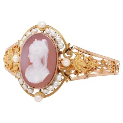 Pre-owned 1stdibs Antique Victorian 18k Gold, Seed Pearl, & Agate Cameo Bracelet In Multi