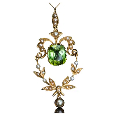 Pre-owned 1stdibs Antique Victorian Peridot Pendant Necklace, Pearls 14k Gold Original Box C.1890 In Multi