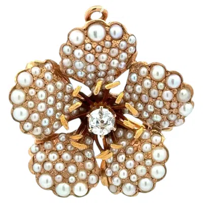 Pre-owned 1stdibs Antique Victorian Seed Pearl And Diamond 5 Petal Flower Gold Brooch Pin Pendant In Multi