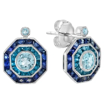 Pre-owned 1stdibs Aquamarine Blue Topaz Sapphire Octagonal Stud Art Deco Style Earrings 14k