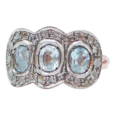 Pre-owned 1stdibs Aquamarine Colour Topaz, Diamonds, Rose Gold And Silver Ring. In Red