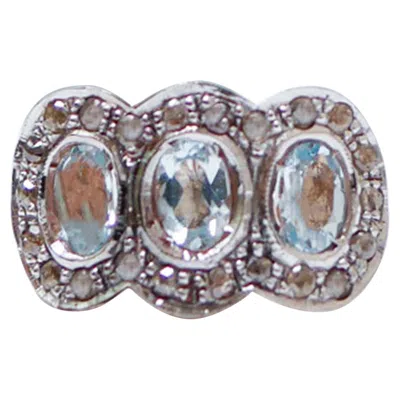 Pre-owned 1stdibs Aquamarine Colour Topaz, Diamonds, Rose Gold And Silver Ring. In Red