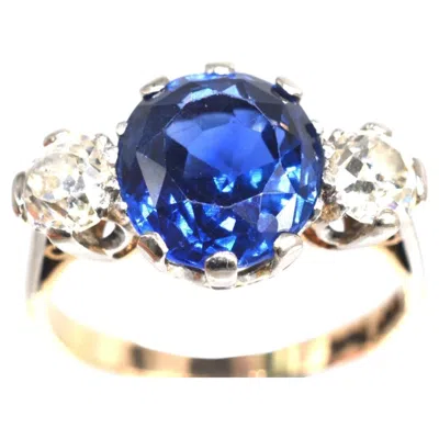 Pre-owned 1stdibs Art Deco 18ct Gold & Platinum Ceylon Sapphire & Diamond Three Stone Ring In Blue