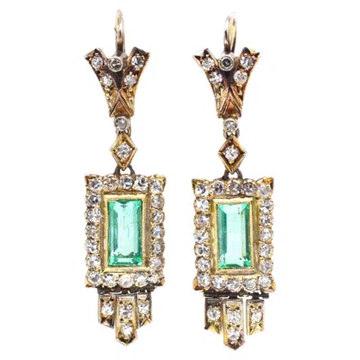 Pre-owned 1stdibs Art Deco 18ct Gold Emerald And Diamond Drop Earrings In Green