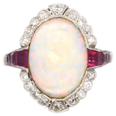 Pre-owned 1stdibs Art Deco 18ct White Gold & Platinum, Opal & Burma Ruby Ring