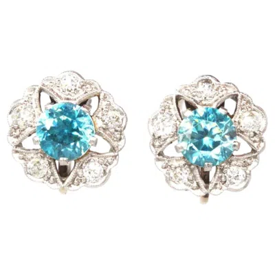 Pre-owned 1stdibs Art Deco 9ct White Gold Blue Zircon And Diamond Cluster Earrings