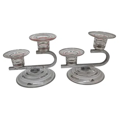 Pre-owned 1stdibs Art Deco Candlesticks In Nickel-plated Bronze & Crystal, 1920, Pair In Gray