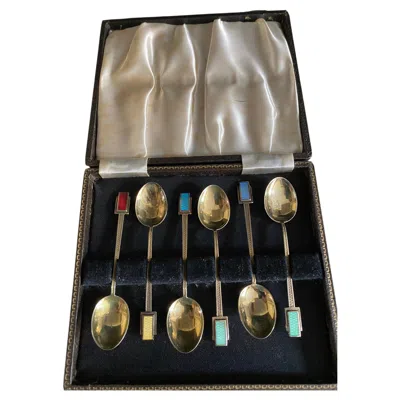 Pre-owned 1stdibs Art Deco Cased Set 6 Silver Gilt & Enamel Spoons In Black
