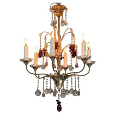 Pre-owned 1stdibs Art Deco Chandelier In Silvered Bronze Decorated With Pendants And Bunches Of Gr In Sand
