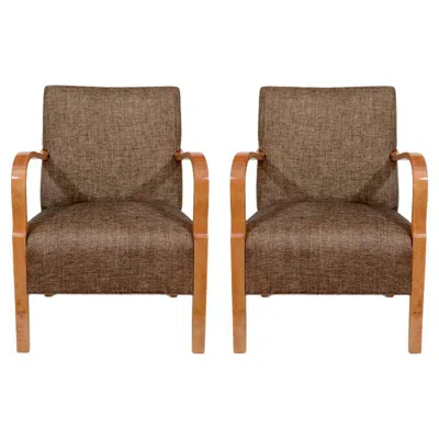 Pre-owned 1stdibs Art Deco Club Chairs With Bentwood Arms, Reupholstered Wool, 1935 In Brown