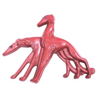 Pre-owned 1stdibs Art Deco Couture French Handcarved Galalith Red Painted Dogs Brooch 1920s