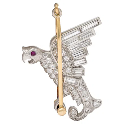 Pre-owned 1stdibs Art Deco Diamond Ruby 18 Karat Yellow Gold Platinum Vintage Parrot Bird Charm