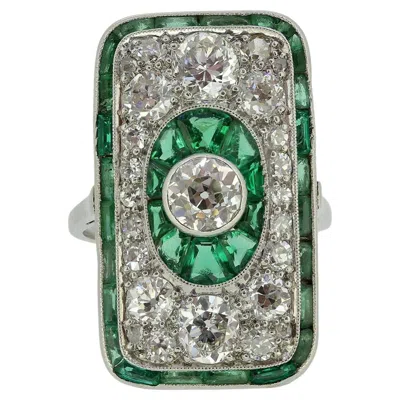 Pre-owned 1stdibs Art Deco Emerald And Diamond Tablet Ring In Green