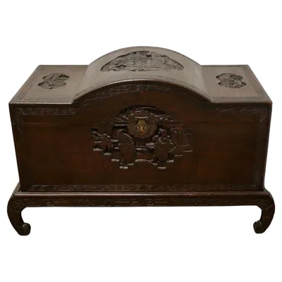Pre-owned 1stdibs Art Deco Oriental Carved Camphor Wood Chest On Stand In Brown
