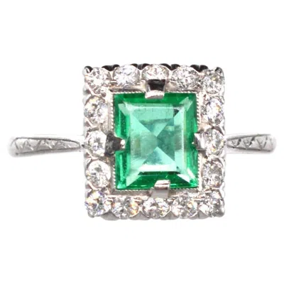 Pre-owned 1stdibs Art Deco Platinum Rectangular Emerald And Diamond Cluster Ring In Green