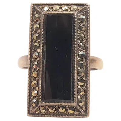 Pre-owned 1stdibs Art Deco Signed Sterling Onyx Marcasite Rectangular Silver Ring 1921 In Black