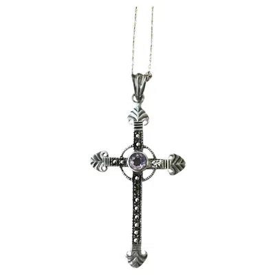 Pre-owned 1stdibs Art Deco Sterling Silver Amethyst Marcasite Cross Necklace 1930-1940 In Purple