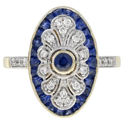 Pre-owned 1stdibs Art Deco Style Sapphire And Diamond Elongated Oval Cocktail Ring In 14k Gold In Blue
