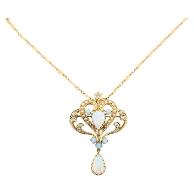 Pre-owned 1stdibs Art Nouveau Australian Opal, Pearl And Diamond Lavalier Necklace In 14k Yellow