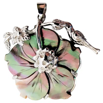 Pre-owned 1stdibs Art Nouveau Carved Abalone 18k White Gold Flora & Bird Pendant