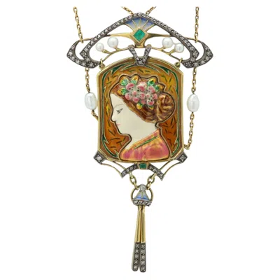 Pre-owned 1stdibs Art Nouveau Vintage Necklace Enamel Diamonds Pearls And Emerald 18k Gold 1930's In Green