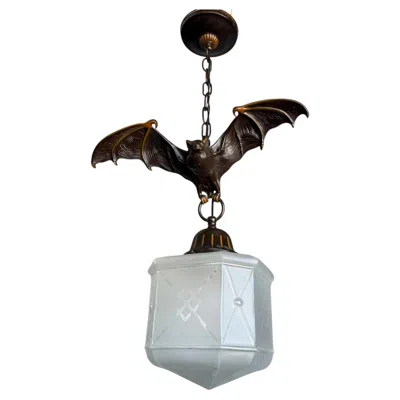 Pre-owned 1stdibs Arts And Crafts Flying Bat Sculpture Pendant Light Or Lantern With Glass In Transparent