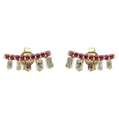 Pre-owned 1stdibs Baguette Diamond Solid 14k Yellow Gold Natural Ruby Gemstone Stud Earrings