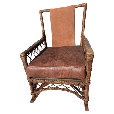 Pre-owned 1stdibs Bar Harbor Wicker Rocking Chair W/ Leather Seat Cushion And Backing In Brown