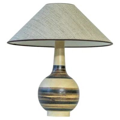 Pre-owned 1stdibs Beige Striped Ceramic Floor Table Lamp, Custom Lampshade By R. Houben In Brown