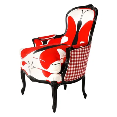 Pre-owned 1stdibs Bergère Chair With Black Lacquered Wood, Red, White & Black Printed Fabrics