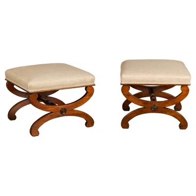 Pre-owned 1stdibs Biedermeier Period 19th Century Walnut Stools With X-form Bases, A Pair In Brown